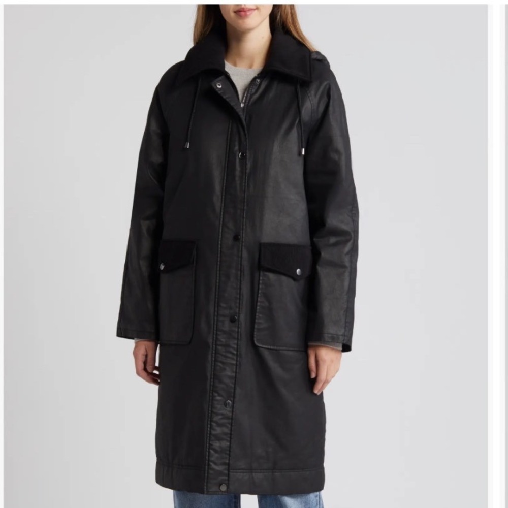 Bernardo Womens Waxed Cotton Twill Coat Black Corduroy Trim Hooded Parka Size M